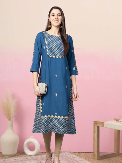 Rayon Golden Floral Printed Straight Kurta