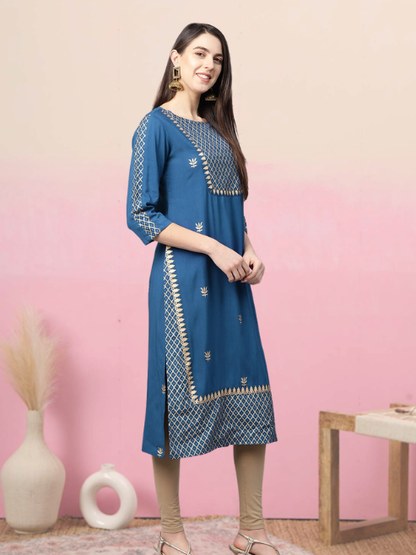 Rayon Golden Floral Printed Straight Kurta