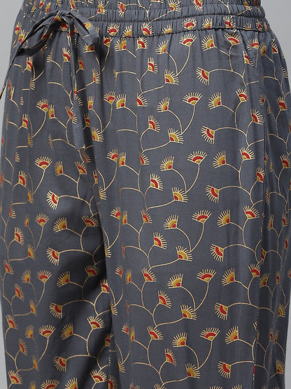 Cotton Geomatrical Printed Straight Kurta with Pant (Yellow & Grey)