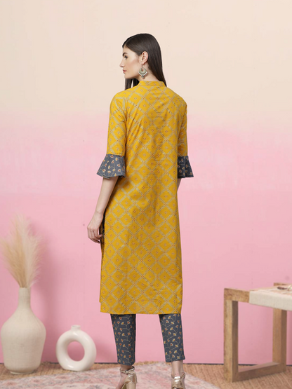 Cotton Geomatrical Printed Straight Kurta with Pant (Yellow & Grey)