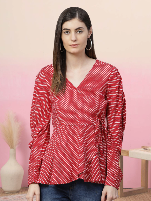 women rayon polka dot printed regular top red