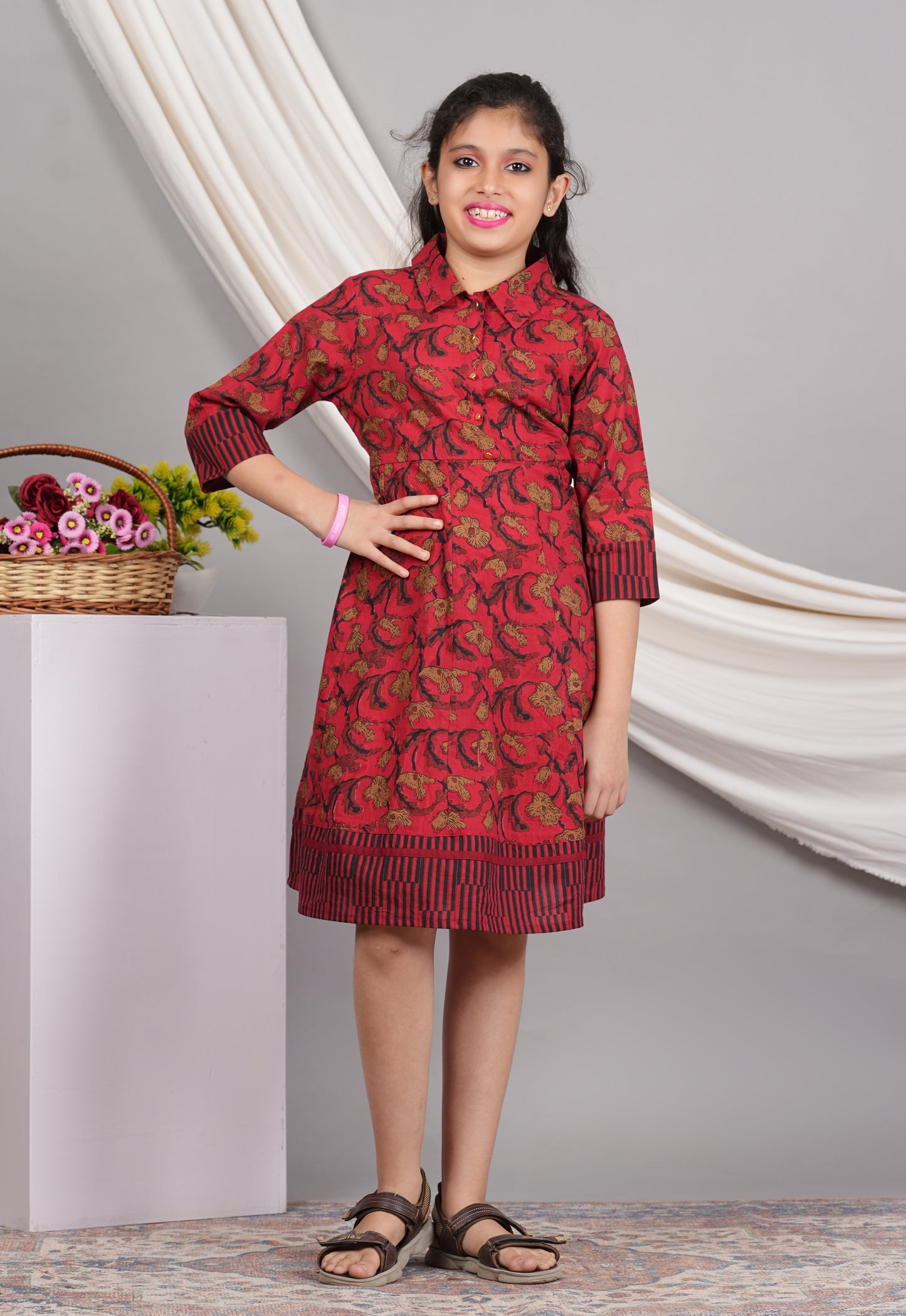 YASH GALLERY Kids Cotton Floral Printed Anarkali Dress (Maroon)