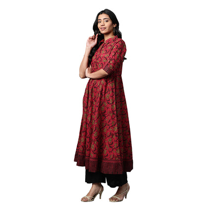 Cotton Floral Printed Anarkali Kurta (MAROON)