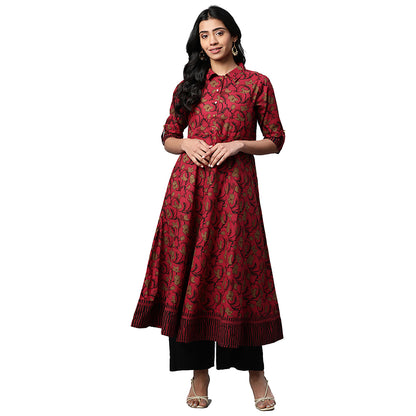 Cotton Floral Printed Anarkali Kurta (MAROON)