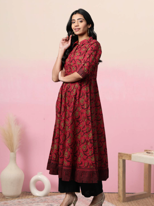 women cotton floral printed anarkali kurta maroon