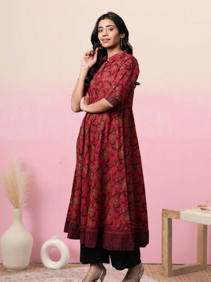 women cotton floral printed anarkali kurta maroon