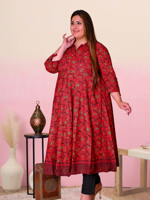 women cotton floral printed anarkali kurta maroon