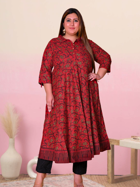 women cotton floral printed anarkali kurta maroon
