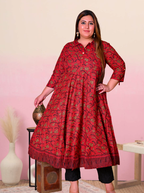 women cotton floral printed anarkali kurta maroon
