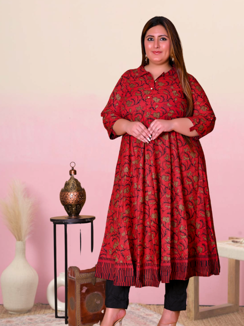 women cotton floral printed anarkali kurta maroon