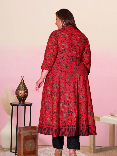 women cotton floral printed anarkali kurta maroon