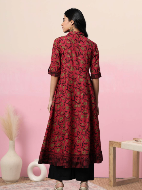 women cotton floral printed anarkali kurta maroon