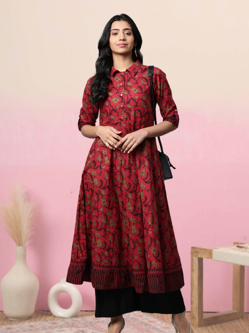 women cotton floral printed anarkali kurta maroon