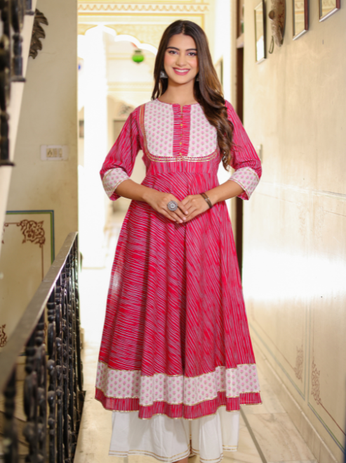 Yash Gallery Women's Floral Print Anarkali kurti (Pink)