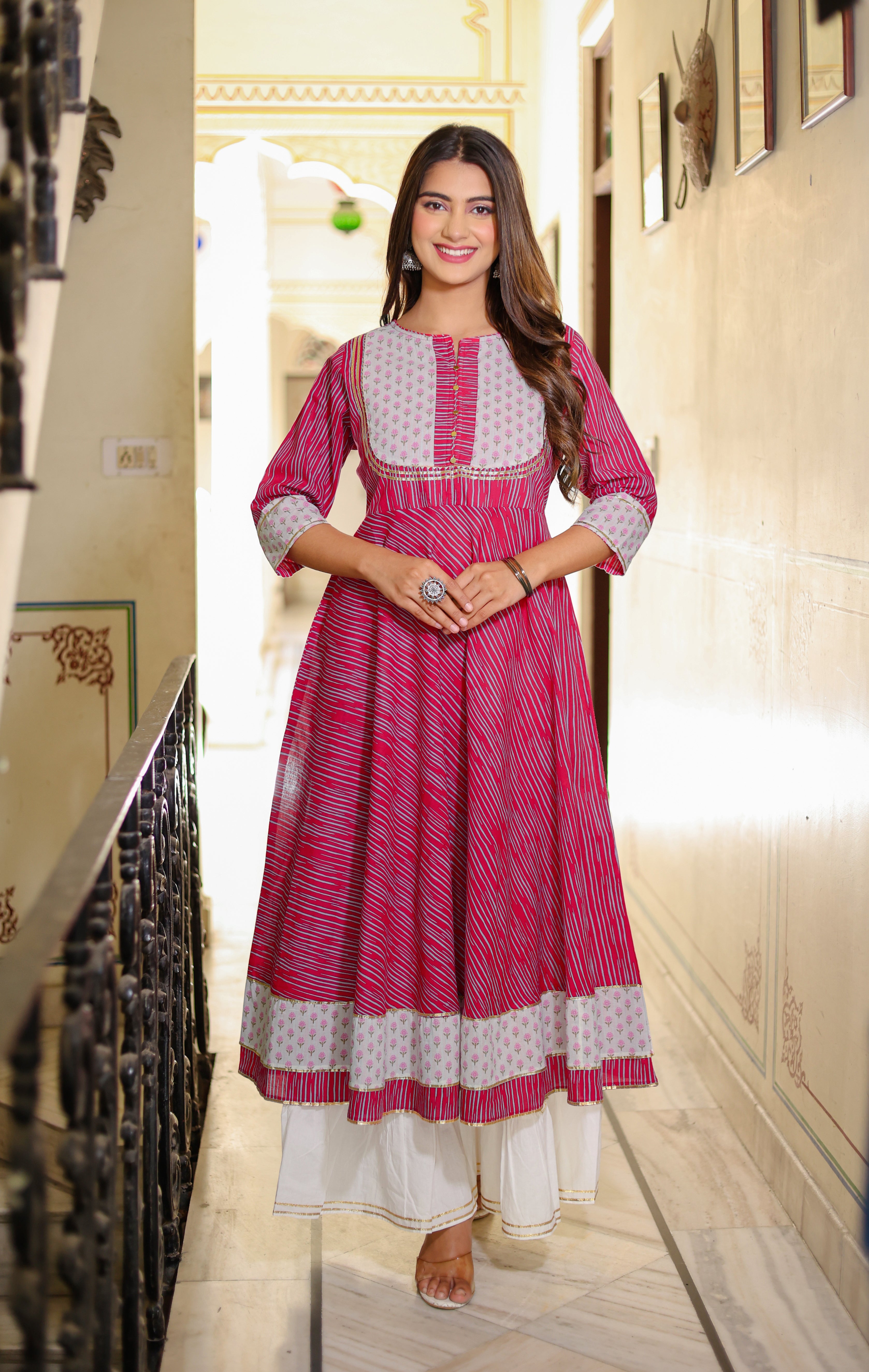 Women Pink & Green Floral Yoke Design High Slit Kurti with Sharara–  Inddus.in