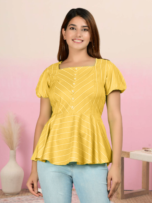 women rayon stripe printed regular top mustard