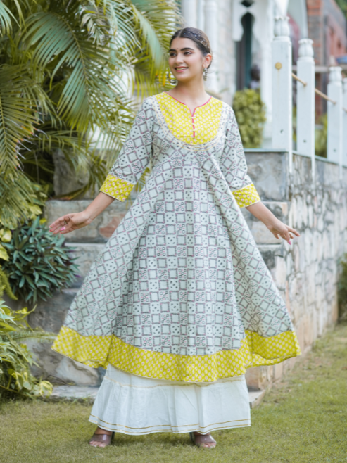 Yash Gallery Women's Cotton Printed Anarkali Kurta (Multi)