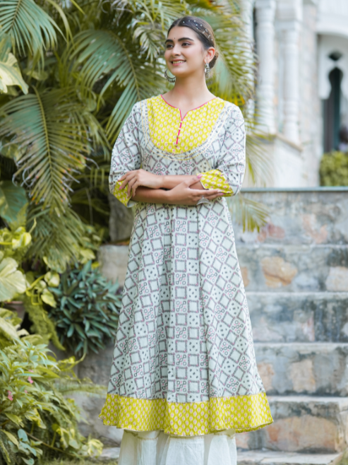 Yash Gallery Women's Cotton Printed Anarkali Kurta (Multi)