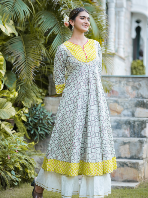 Yash Gallery Women's Cotton Printed Anarkali Kurta (Multi)