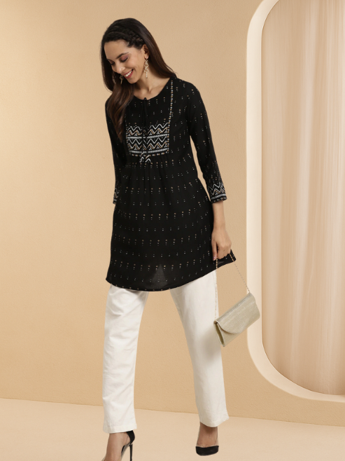 yash gallery womens rayon geomatrical printed short kurti black