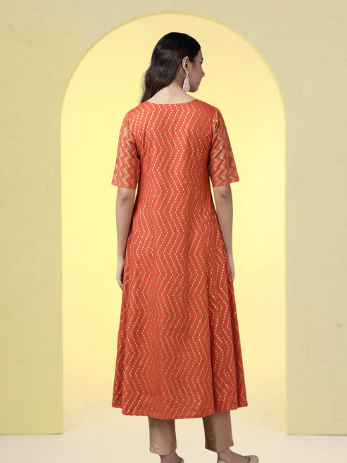 Yash Gallery Women's Rayon Zig-Zag Gold Print Anarkali Kurta (Orange)