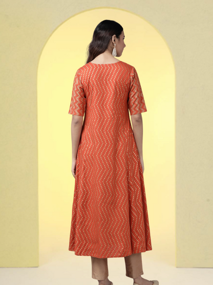 Yash Gallery Women's Rayon Zig-Zag Gold Print Anarkali Kurta (Orange)