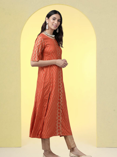 Yash Gallery Women's Rayon Zig-Zag Gold Print Anarkali Kurta (Orange)