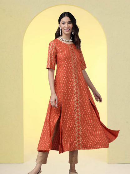 Yash Gallery Women's Rayon Zig-Zag Gold Print Anarkali Kurta (Orange)