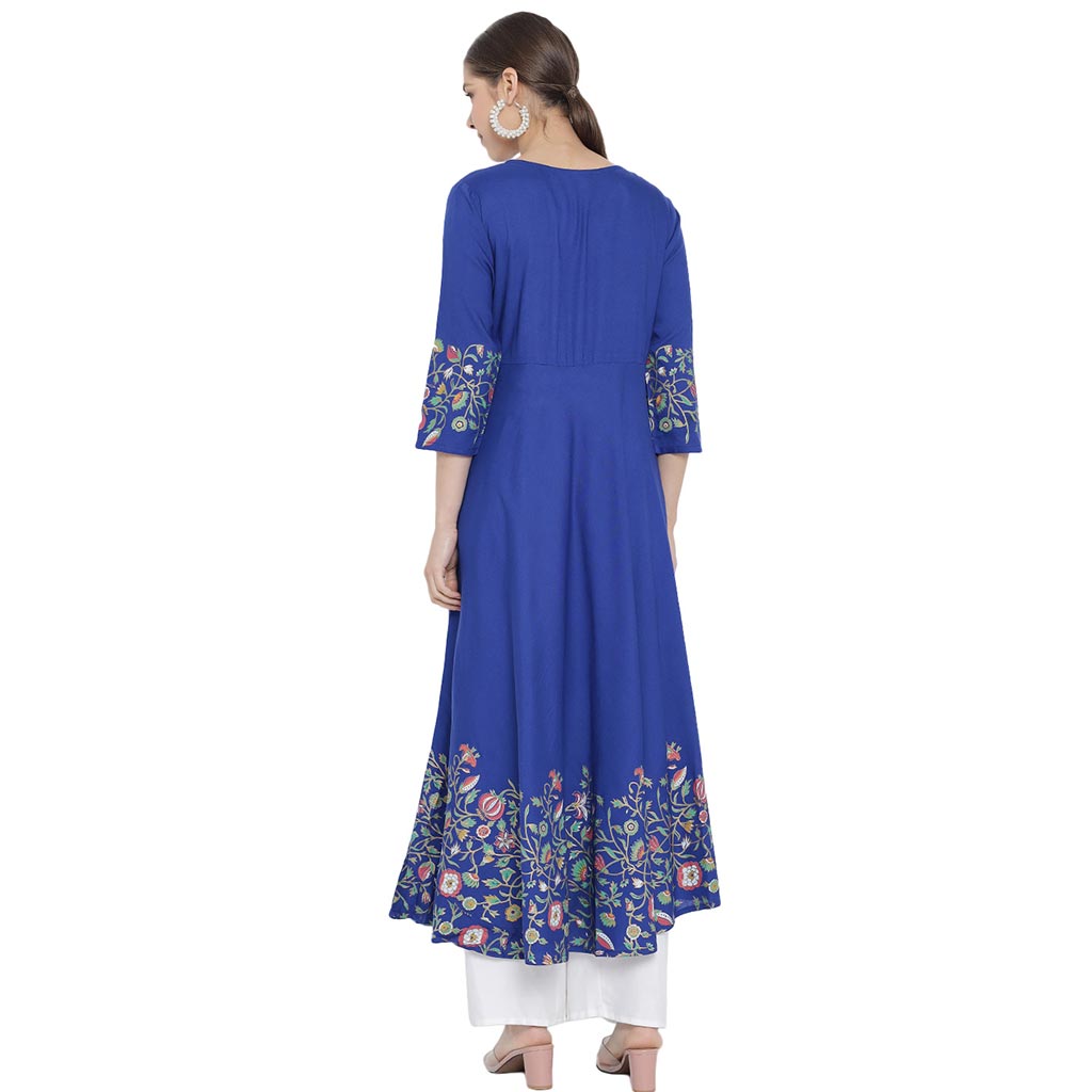 Rayon Floral Placement Printed Anarkali Kurti (Blue)