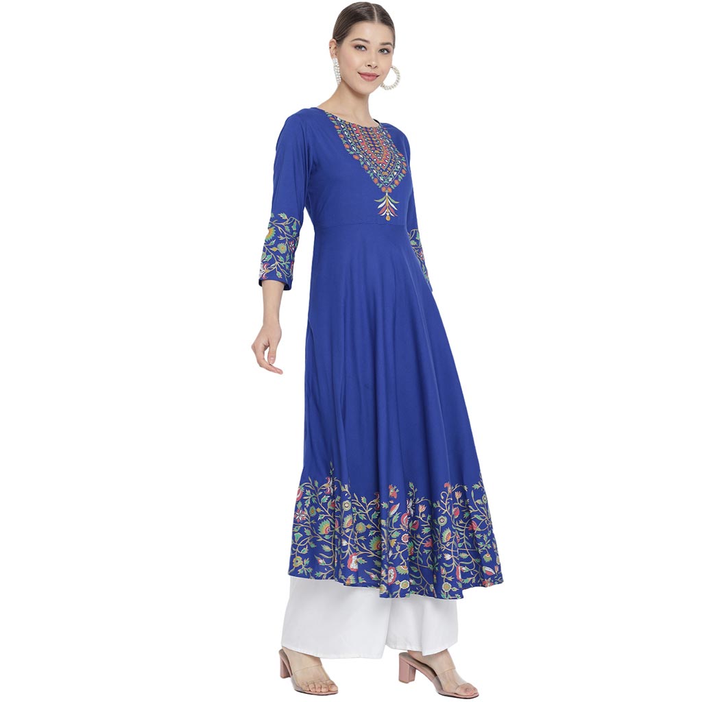 Rayon Floral Placement Printed Anarkali Kurti (Blue)