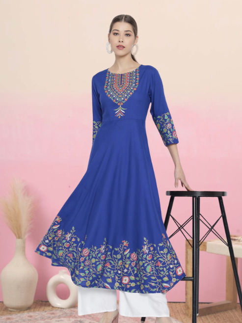 yash gallery womens rayon floral placement printed anarkali kurti blue