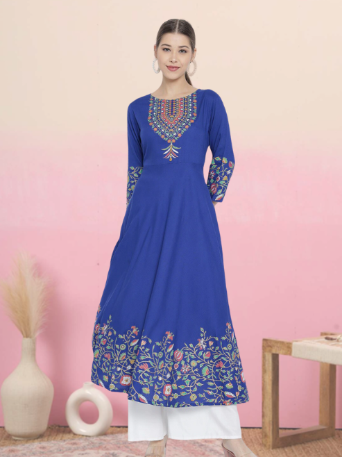 yash gallery womens rayon floral placement printed anarkali kurti blue