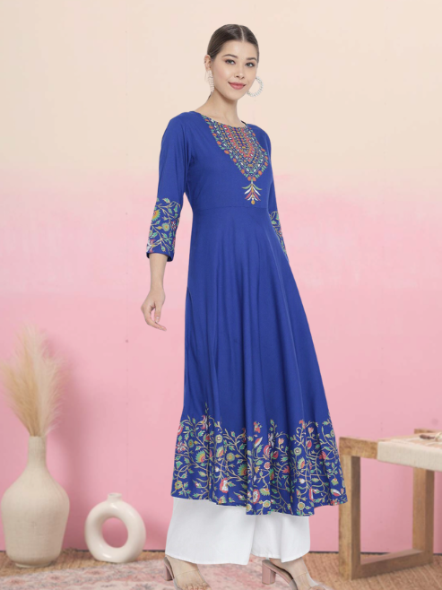 yash gallery womens rayon floral placement printed anarkali kurti blue