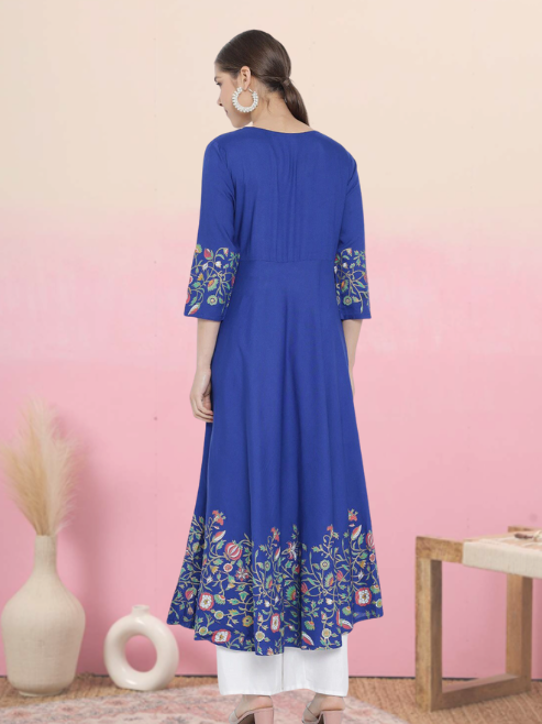 yash gallery womens rayon floral placement printed anarkali kurti blue