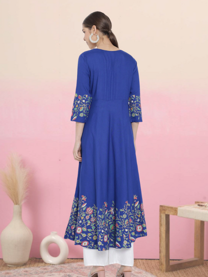 yash gallery womens rayon floral placement printed anarkali kurti blue