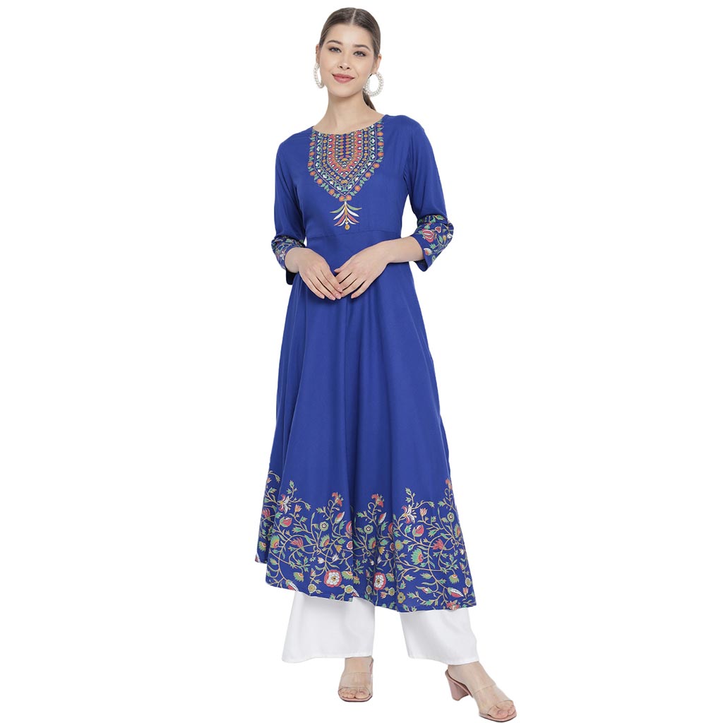 Rayon Floral Placement Printed Anarkali Kurti (Blue)