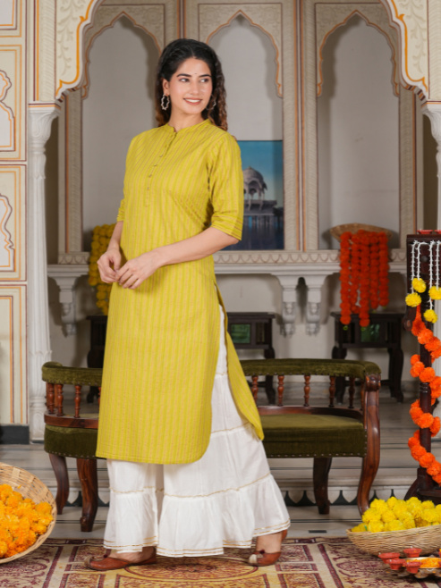 yash gallery womens cotton stripe gold printed straight kurta green