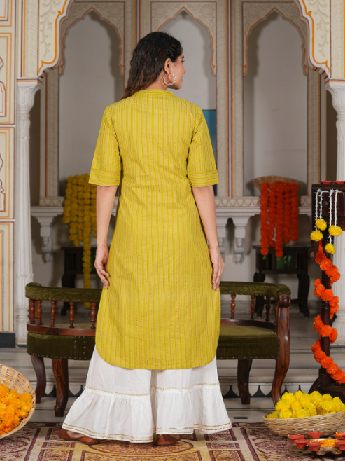 yash gallery womens cotton stripe gold printed straight kurta green