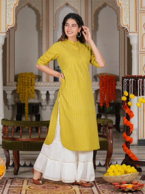 yash gallery womens cotton stripe gold printed straight kurta green