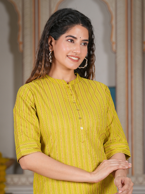 yash gallery womens cotton stripe gold printed straight kurta green