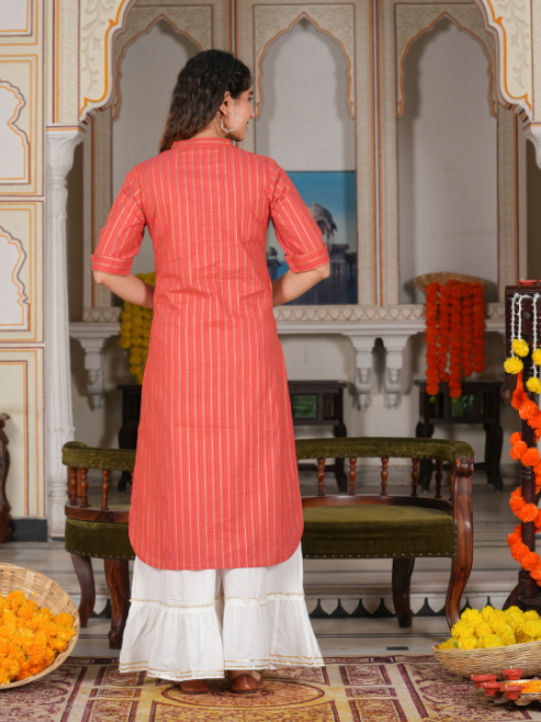 yash gallery womens cotton stripe gold printed straight kurta red