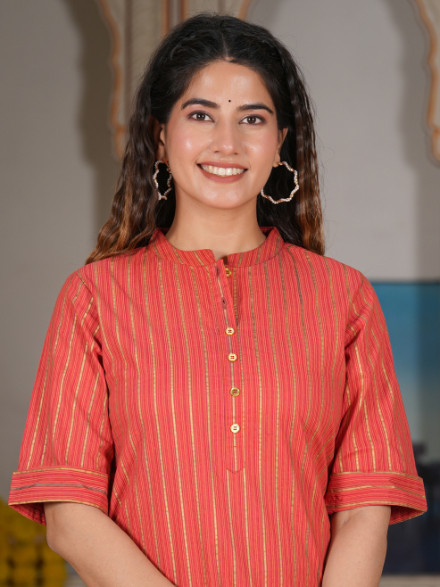 yash gallery womens cotton stripe gold printed straight kurta red