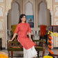 womens cotton stripe gold printed straight kurta red