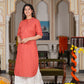 womens cotton stripe gold printed straight kurta red
