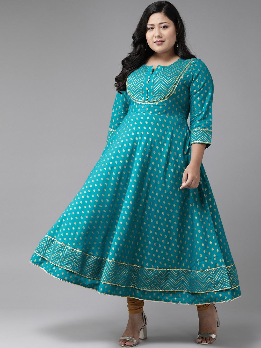 Cotton Floral Printed Anarkali Kurta (Teal)