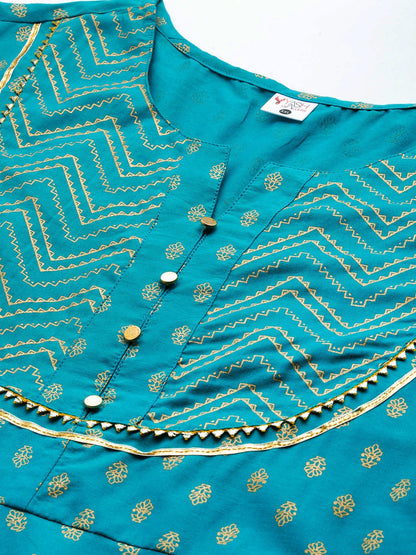 Cotton Floral Printed Anarkali Kurta (Teal)