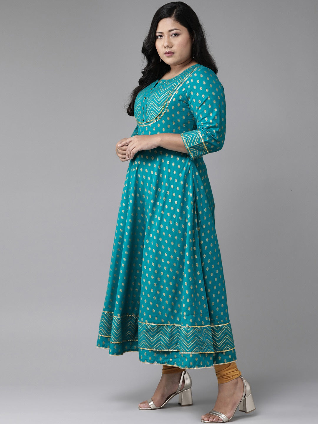 Cotton Floral Printed Anarkali Kurta (Teal)