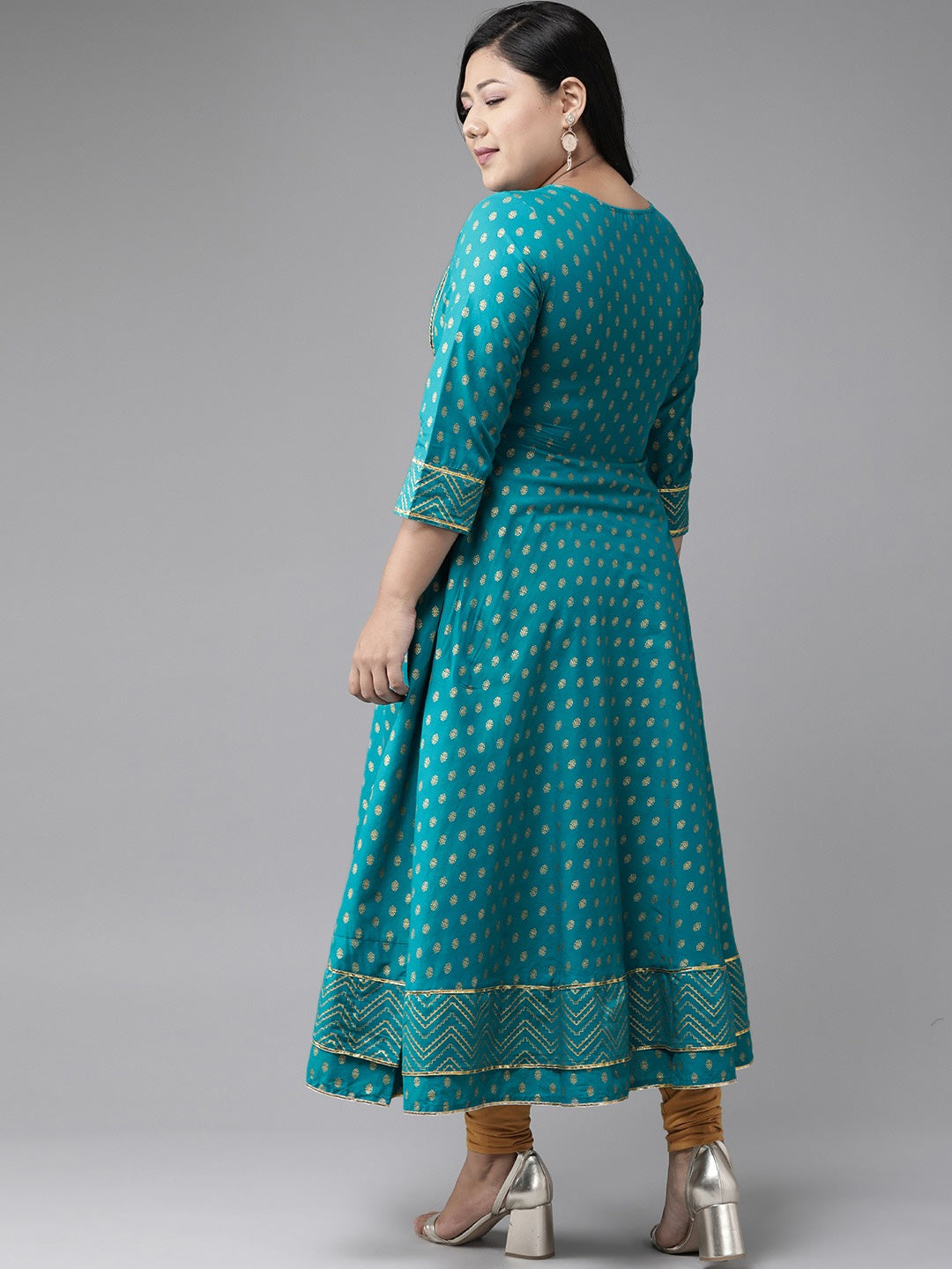 Cotton Floral Printed Anarkali Kurta (Teal)