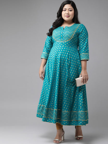 Cotton Floral Printed Anarkali Kurta (Teal)