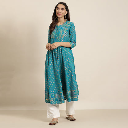 Cotton Floral Printed Anarkali Kurta (Teal)